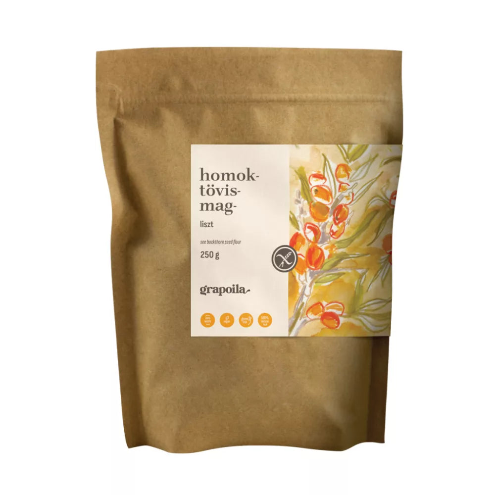 Sanddornkernmehl 250 g – Verpackung mit Zutaten und Nährwerten