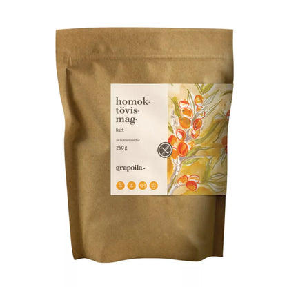 Sanddornkernmehl 250 g – Verpackung mit Zutaten und Nährwerten